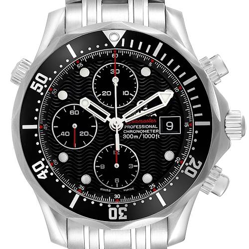 The Omega Seamaster 213.30.42.40.01.001 Men's Stainless Steel Black Dial 213.30.42.40.01.001 Men's Stainless Steel Black Dial watch is shown from the front, highlighting the dial, bezel, and chronograph subdials.
