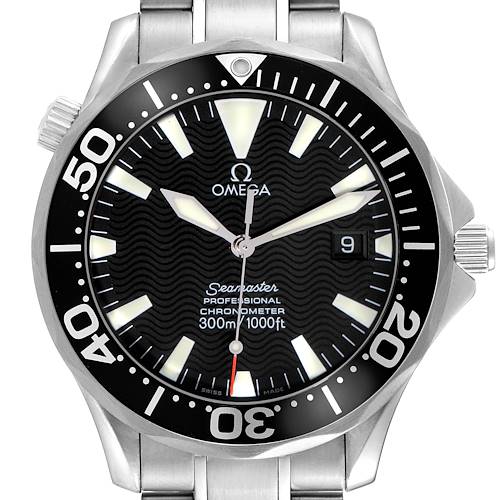The Omega Seamaster 2254.50.00 Men's Stainless Steel Black Dial 2254.50.00 Men's Stainless Steel Black Dial watch is shown from the front, displaying its dial, bezel, hands, and part of the metal bracelet.
