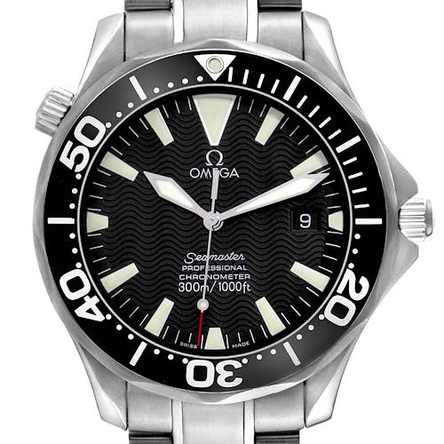 The Omega Seamaster 2254.50.00 Men's Stainless Steel Black Dial 2254.50.00 Men's Stainless Steel Black Dial watch is shown from the front, highlighting the bezel, dial, hands, and date window.
