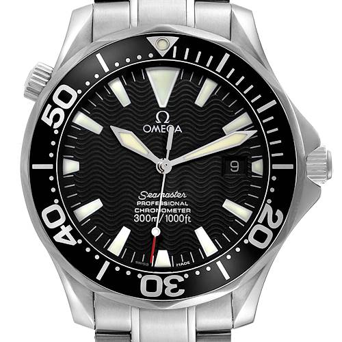 The Omega Seamaster 2254.50.00 Men's Stainless Steel Black Dial 2254.50.00 Men's Stainless Steel Black Dial watch is shown from a front angle, featuring its dial, bezel, hands, and bracelet.