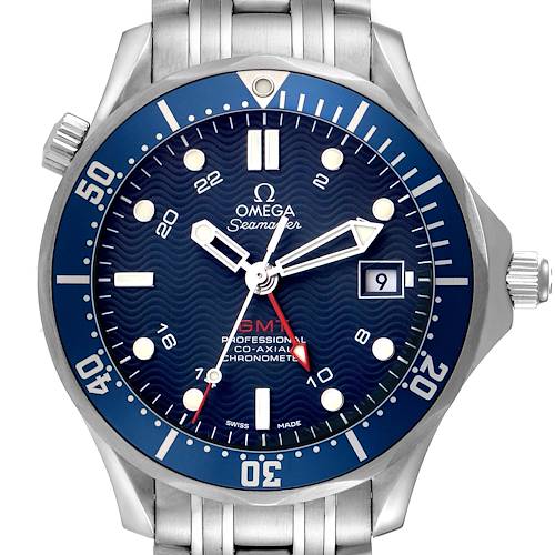 The image shows a frontal view of the Omega Seamaster 2535.80.00 Men's Stainless Steel Blue Dial 2535.80.00 Men's Stainless Steel Blue Dial watch, highlighting the dial, bezel, crown, and part of the bracelet.