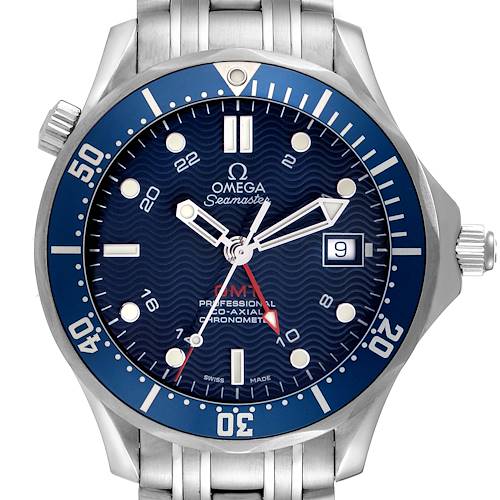 The Omega Seamaster 2535.80.00 Men's Stainless Steel Blue Dial 2535.80.00 Men's Stainless Steel Blue Dial watch is shown from a front angle, displaying its blue dial, bezel, and part of the stainless steel bracelet.