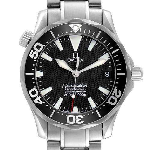 The Omega Seamaster 2252.50.00 Men's Stainless Steel Black Dial 2252.50.00 Men's Stainless Steel Black Dial watch is shown from a frontal angle, highlighting its dial, bezel, and bracelet.