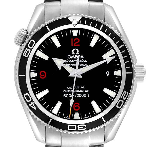 The Omega Planet Ocean 2201.51.00 Men's Stainless Steel Black Dial 2201.51.00 Men's Stainless Steel Black Dial watch is shown from a front angle, highlighting the dial, bezel, and crown.