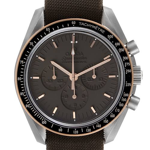 This image shows a front view of an Omega Speedmaster 311.62.42.30.06.001 Men's Titanium Grey Dial 311.62.42.30.06.001 Men's Titanium Grey Dial watch, highlighting its dial, tachymeter bezel, and chronograph sub-dials.