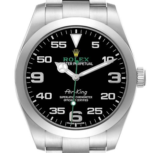 The Rolex Air-King 116900 Men's Stainless Steel Black Dial 116900 Men's Stainless Steel Black Dial watch is displayed from a front angle, showing the full dial, bezel, and part of the bracelet.