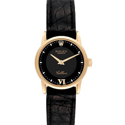 The image shows a Rolex Cellini 6111/8 Women's Yellow Gold Black Dial 6111/8 Women's Yellow Gold Black Dial watch from a front angle, displaying its face, hands, crown, and leather strap.