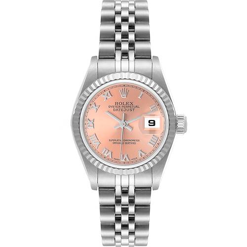 The Rolex Datejust 79174 Women's Stainless Steel Pink Dial 79174 Women's Stainless Steel Pink Dial watch is shown from a front angle, highlighting its face, bezel, and bracelet.