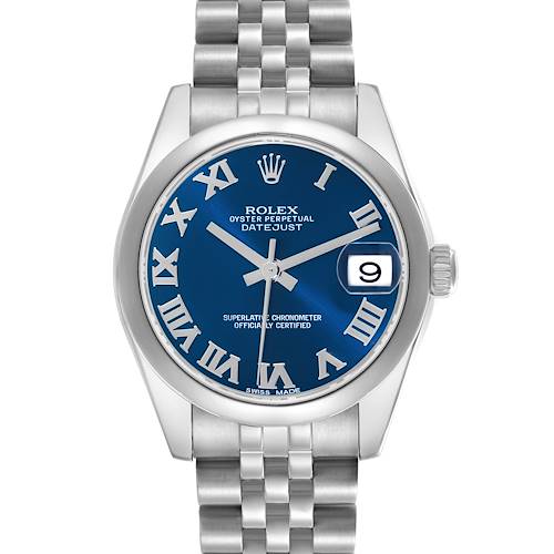 The Rolex Mid-Size 178240 Women's Stainless Steel Blue Dial 178240 Women's Stainless Steel Blue Dial Datejust is shown from a front view, displaying the face, bezel, crown, and part of the bracelet.