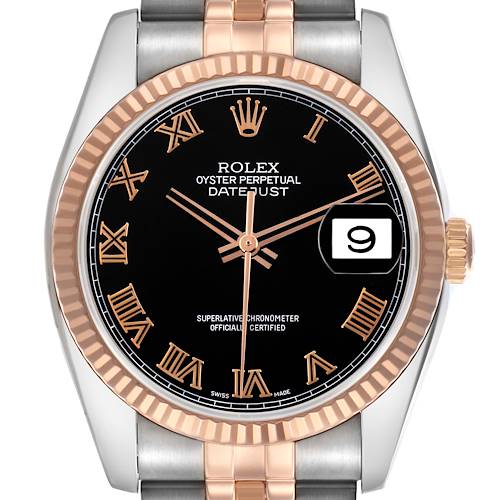 The Rolex Datejust 116231 Men's Steel and Gold (two tone) Black Dial 116231 Men's Steel and Gold (two tone) Black Dial watch is shown from the front, displaying the dial, fluted bezel, and part of the bracelet.