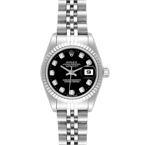 The Rolex Datejust 69174 Women's Stainless Steel Black Dial 69174 Women's Stainless Steel Black Dial watch is shown from a top view, displaying the black dial, date window, case, and bracelet.