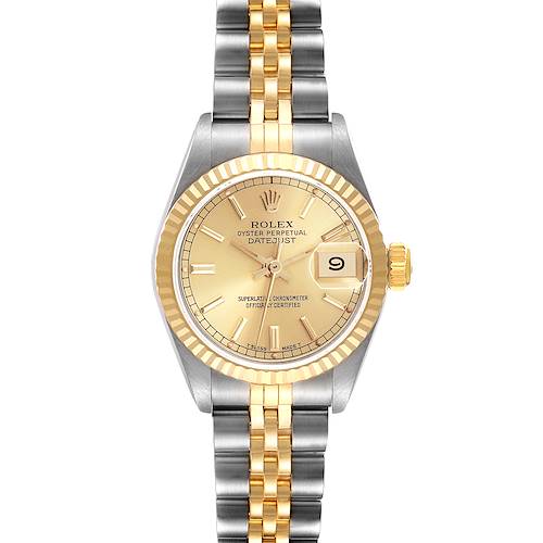 The Rolex Datejust 69173 Women's Steel and Gold (two tone) Champagne Dial 69173 Women's Steel and Gold (two tone) Champagne Dial watch is shown from a top-down angle, displaying the dial, bezel, bracelet, and crown.