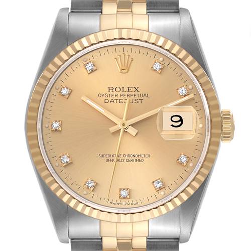 The Rolex Datejust 16233 Men's Steel and Gold (two tone) Champagne Dial 16233 Men's Steel and Gold (two tone) Champagne Dial is shown from the front, highlighting its dial, diamond hour markers, bezel, bracelet, and crown.