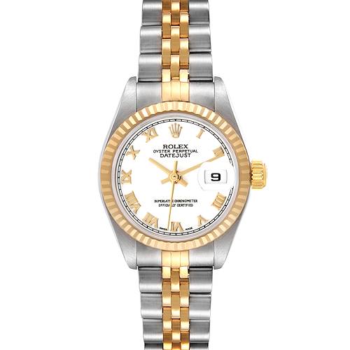 The Rolex Datejust 79173 Women's Steel and Gold (two tone) White Dial 79173 Women's Steel and Gold (two tone) White Dial watch is shown from the front, displaying its dial, bezel, crown, and bracelet.