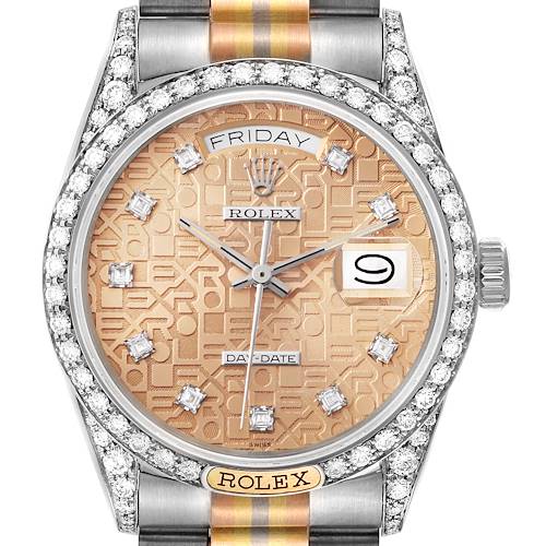 The image shows a frontal view of the Rolex President 18139 Men's White Gold Brown Dial 18139 Men's White Gold Brown Dial watch, highlighting the detailed face, diamond bezel, and a section of the bracelet.