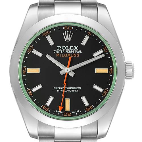 This image shows a frontal view of the Rolex Milgauss 116400GV Men's Stainless Steel Black Dial 116400GV Men's Stainless Steel Black Dial watch, featuring its black dial and distinctive orange lightning-bolt second hand.