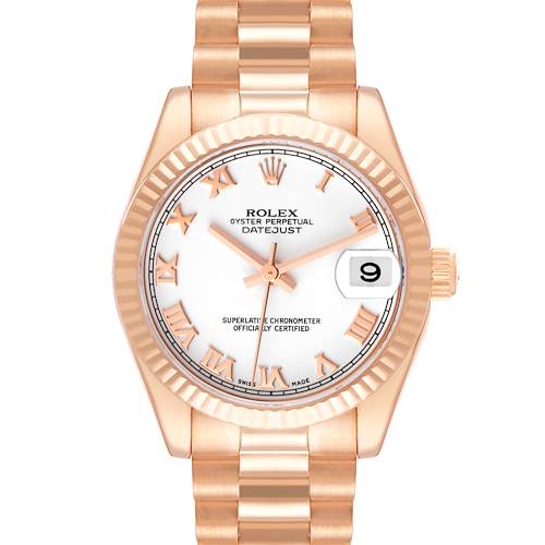 The Rolex President 178275 Women's Rose Gold White Dial 178275 Women's Rose Gold White Dial model is shown from a front angle, highlighting the face, bezel, bracelet, and date window.