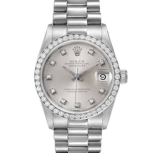 The image shows a frontal view of the Rolex President 68286 Women's White Gold Silver Dial 68286 Women's White Gold Silver Dial Datejust model, featuring the dial, bezel, and bracelet.