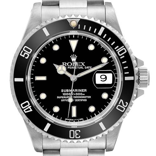 This image shows a front view of a Rolex Submariner 16610 Men's Stainless Steel Black Dial 16610 Men's Stainless Steel Black Dial watch, including the dial, bezel, hands, date window, and bracelet.
