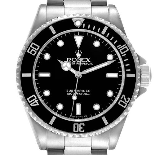 The Rolex Submariner 14060 Men's Stainless Steel Black Dial 14060 Men's Stainless Steel Black Dial watch is shown from the front, highlighting its bezel, dial, and bracelet.