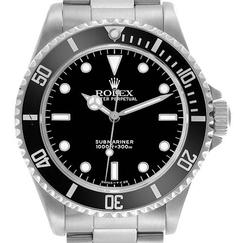 The Rolex Submariner 14060 Men's Stainless Steel Black Dial 14060 Men's Stainless Steel Black Dial is shown from the front, displaying the dial, hands, bezel, and part of the bracelet.