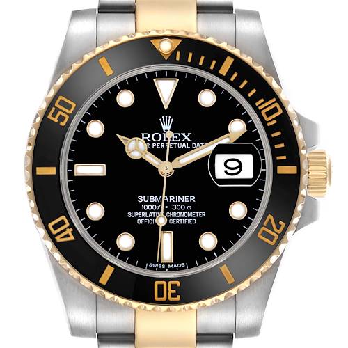 The Rolex Submariner 116613 Men's Steel and Gold (two tone) Black Dial 116613 Men's Steel and Gold (two tone) Black Dial watch is shown head-on, displaying its dial, bezel, crown, and bracelet.