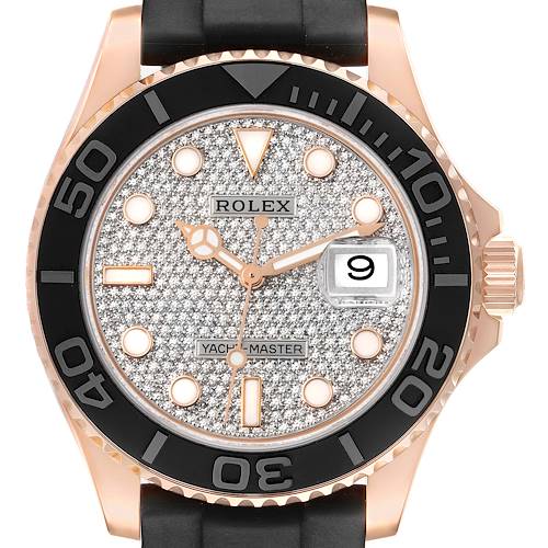 Photo of Rolex Yachtmaster 40mm Rose Gold Oysterflex Diamond Dial Mens Watch 116655 Box Card