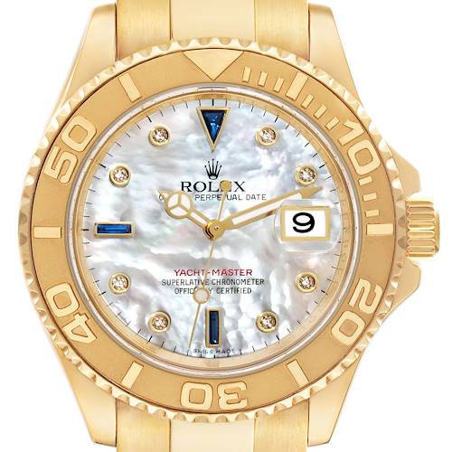 The Rolex Yacht-Master 16628B Men's Yellow Gold Mother of Pearl Dial 16628B Men's Yellow Gold Mother of Pearl Dial watch is shown from a top view, featuring its bezel, dial, crown, and bracelet.