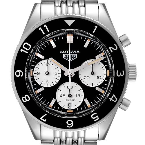 This image shows a frontal view of the Tag Heuer Autavia CBE2110.BA0687 Men's Stainless Steel Black Dial CBE2110.BA0687 Men's Stainless Steel Black Dial watch, displaying its dial, subdials, and crown.