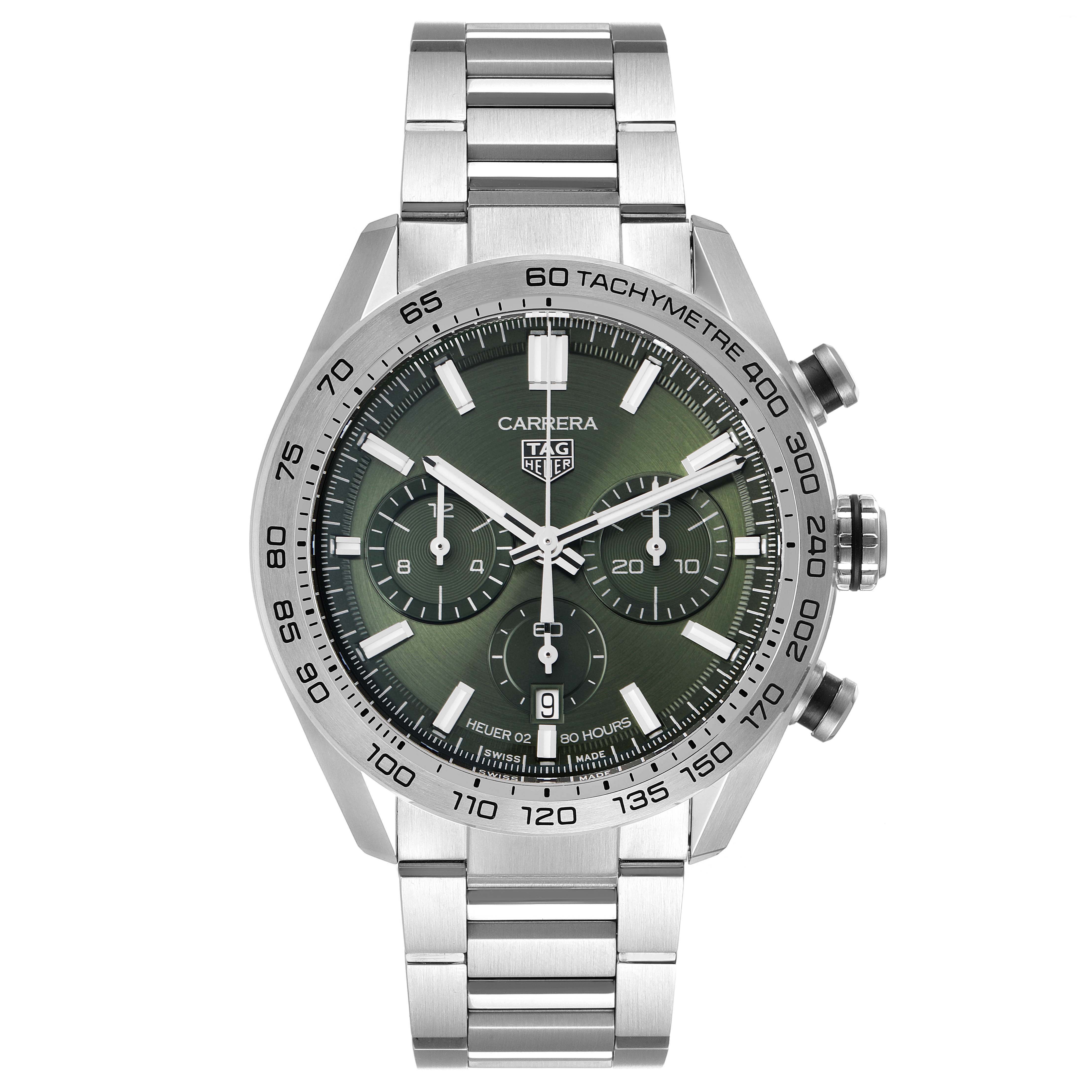 The image shows a frontal view of a Tag Heuer Carrera CBN2A10.BA0643 Men's Stainless Steel Green Dial CBN2A10.BA0643 Men's Stainless Steel Green Dial model watch, highlighting its dial, bezel, and bracelet.