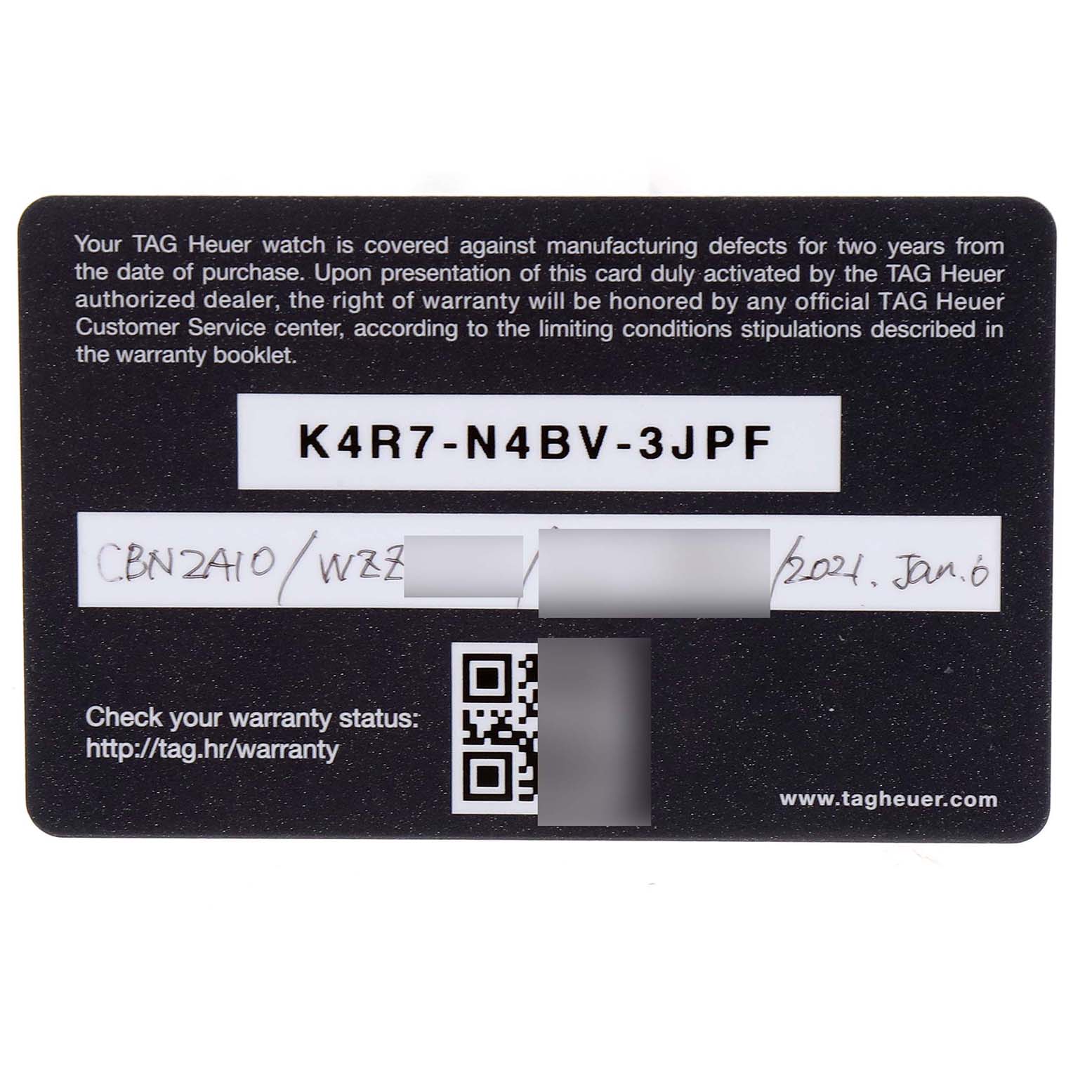 The image shows a warranty card for a Tag Heuer Carrera CBN2A10.BA0643 Men's Stainless Steel Green Dial CBN2A10.BA0643 Men's Stainless Steel Green Dial model CBN2410.