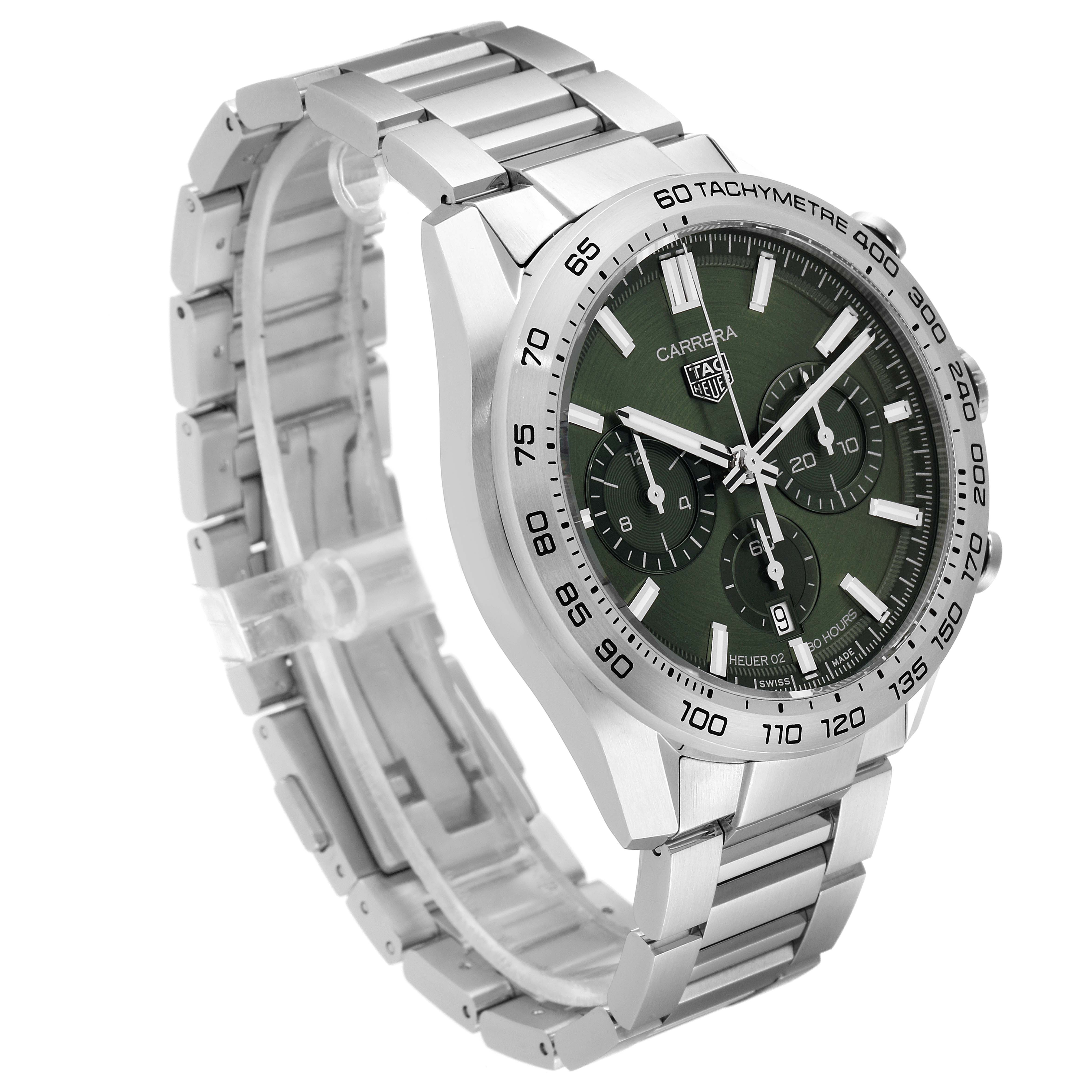 This Tag Heuer Carrera CBN2A10.BA0643 Men's Stainless Steel Green Dial CBN2A10.BA0643 Men's Stainless Steel Green Dial watch is shown at a three-quarter angle, highlighting the bracelet, case, and green dial with tachymeter bezel.
