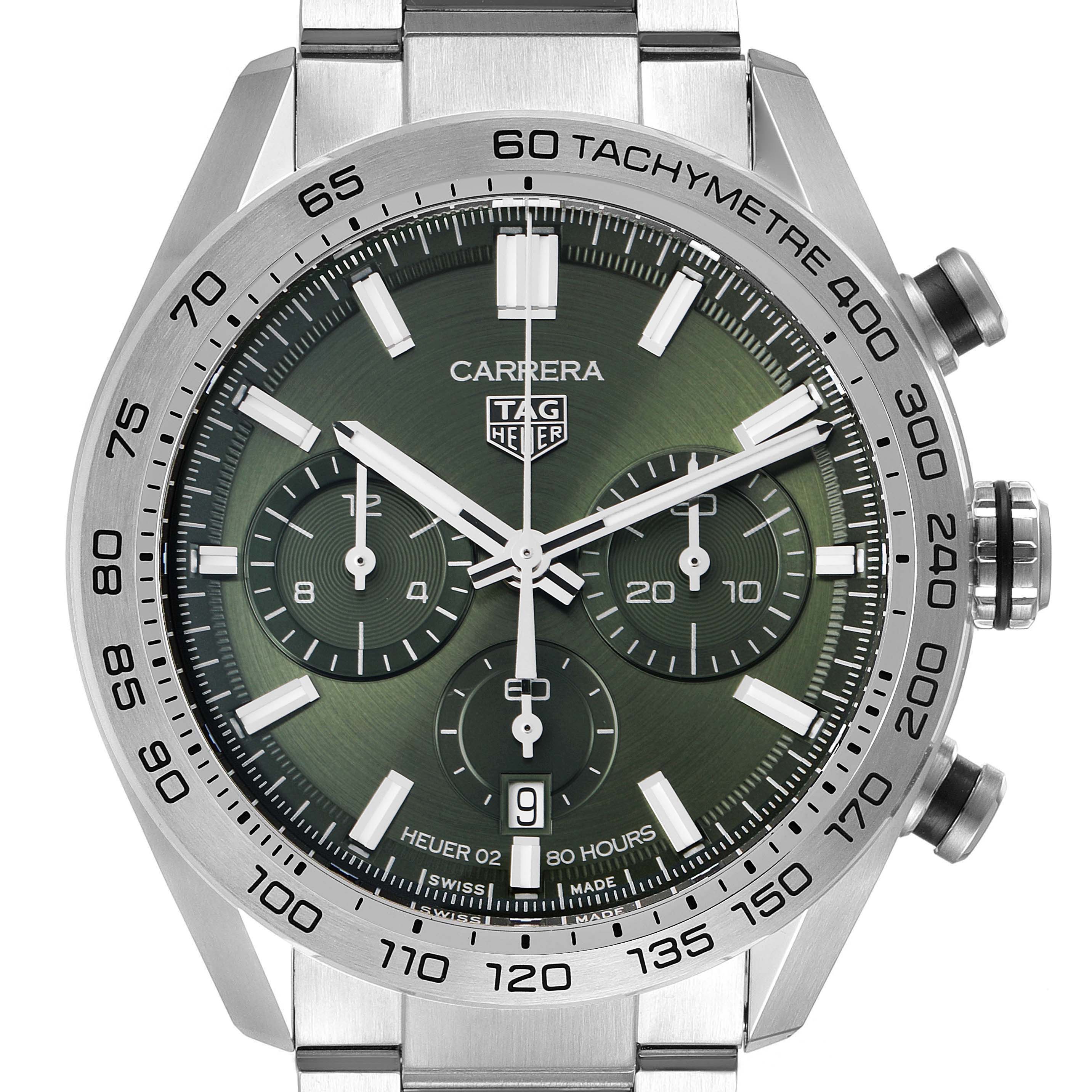 The image shows a front view of a Tag Heuer Carrera CBN2A10.BA0643 Men's Stainless Steel Green Dial CBN2A10.BA0643 Men's Stainless Steel Green Dial watch with a green dial and silver bracelet.