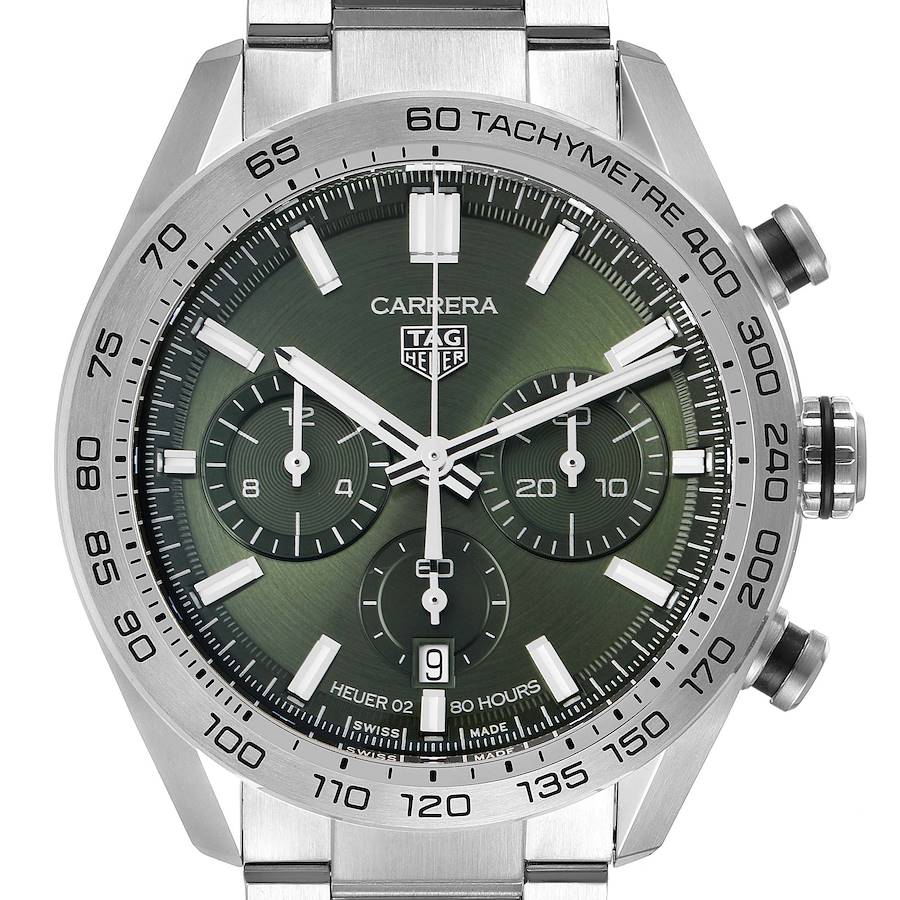 The image shows a front view of a Tag Heuer Carrera CBN2A10.BA0643 Men's Stainless Steel Green Dial CBN2A10.BA0643 Men's Stainless Steel Green Dial watch with a green dial and silver bracelet.