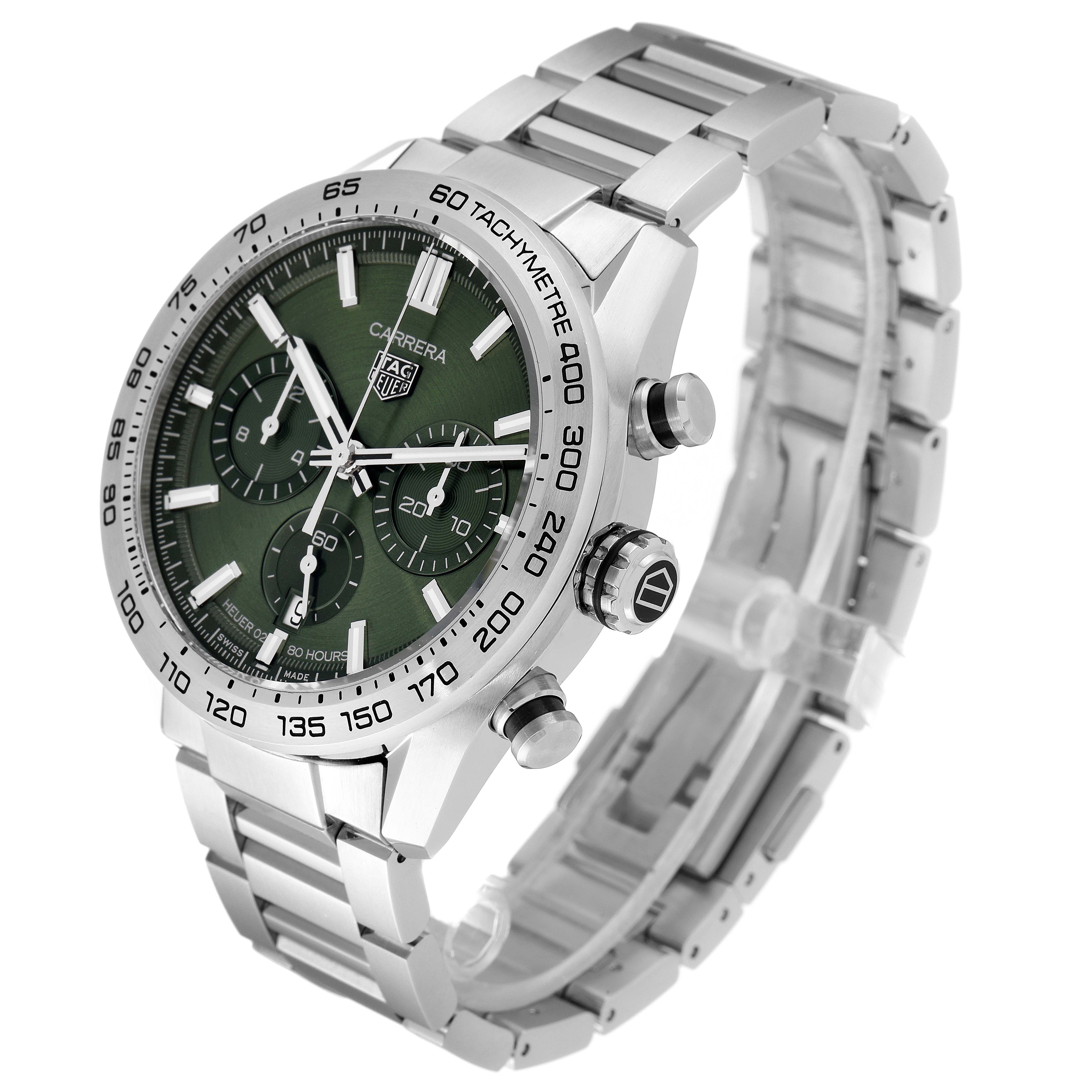 The image shows a side and front angle of a Tag Heuer Carrera CBN2A10.BA0643 Men's Stainless Steel Green Dial CBN2A10.BA0643 Men's Stainless Steel Green Dial watch, highlighting its green dial, tachymeter bezel, and stainless steel bracelet.