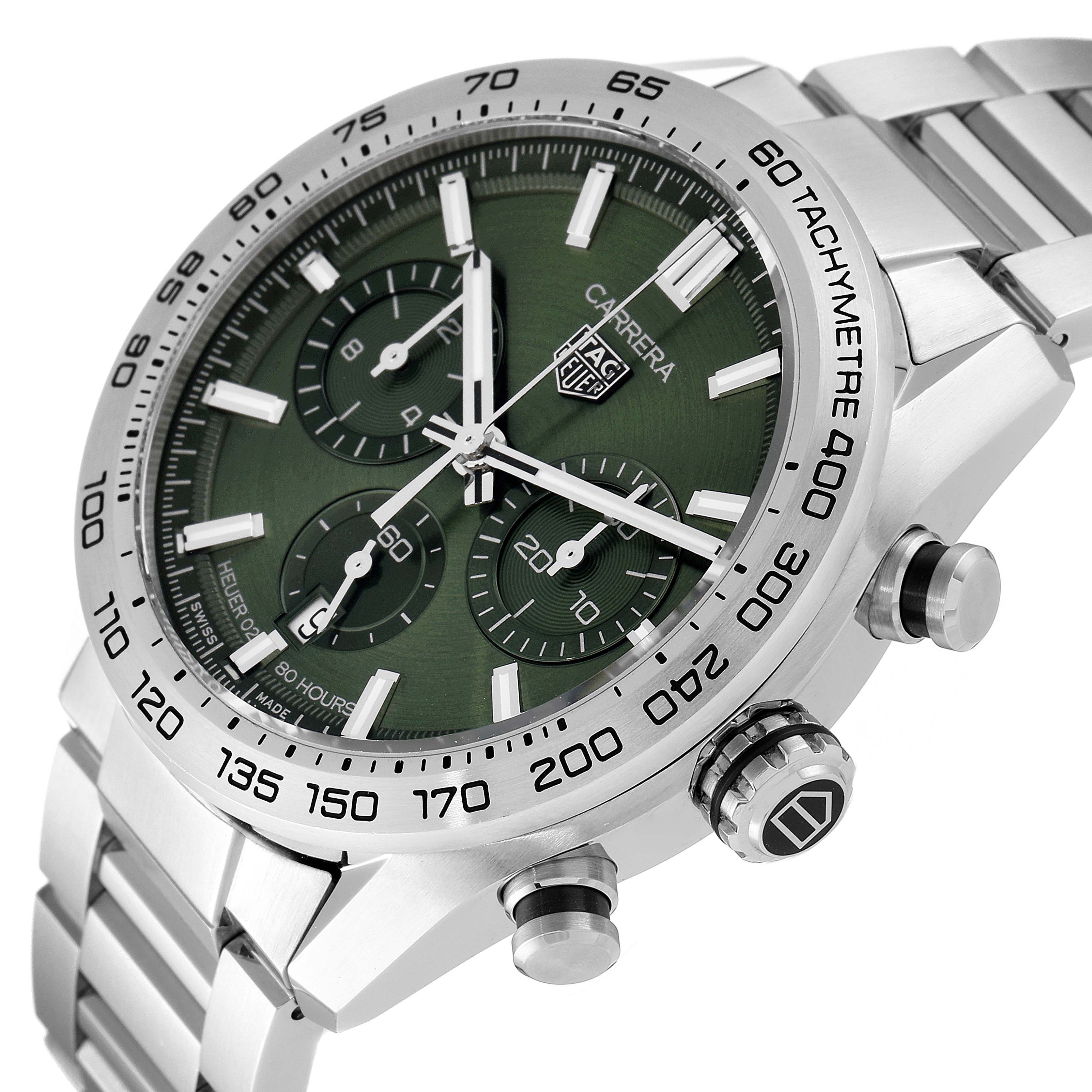 The image shows a close-up, angled view of the Tag Heuer Carrera CBN2A10.BA0643 Men's Stainless Steel Green Dial CBN2A10.BA0643 Men's Stainless Steel Green Dial watch, featuring its dial, bezel, crown, and bracelet.