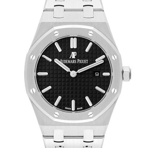 This is a frontal view of the Audemars Piguet Royal Oak 67650ST.OO.1261ST.01 Women's Stainless Steel Black Dial 67650ST.OO.1261ST.01 Women's Stainless Steel Black Dial watch, showing the dial, case, crown, and part of the bracelet.