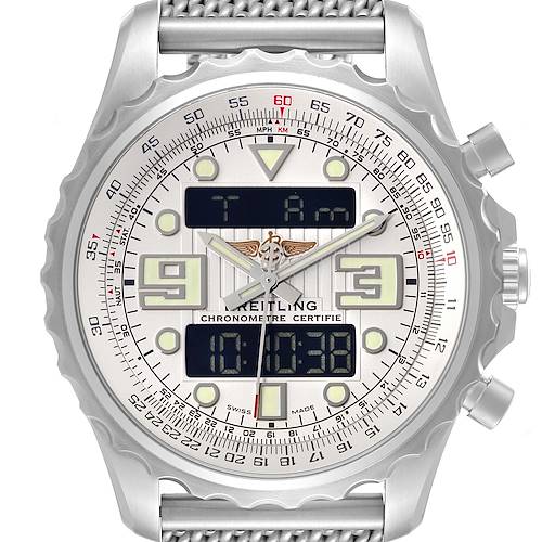This image shows a front view of the Breitling Professional Series A78365 Men's Stainless Steel Silver Dial A78365 Men's Stainless Steel Silver Dial watch, displaying its dial, digital displays, bezel, and crown.
