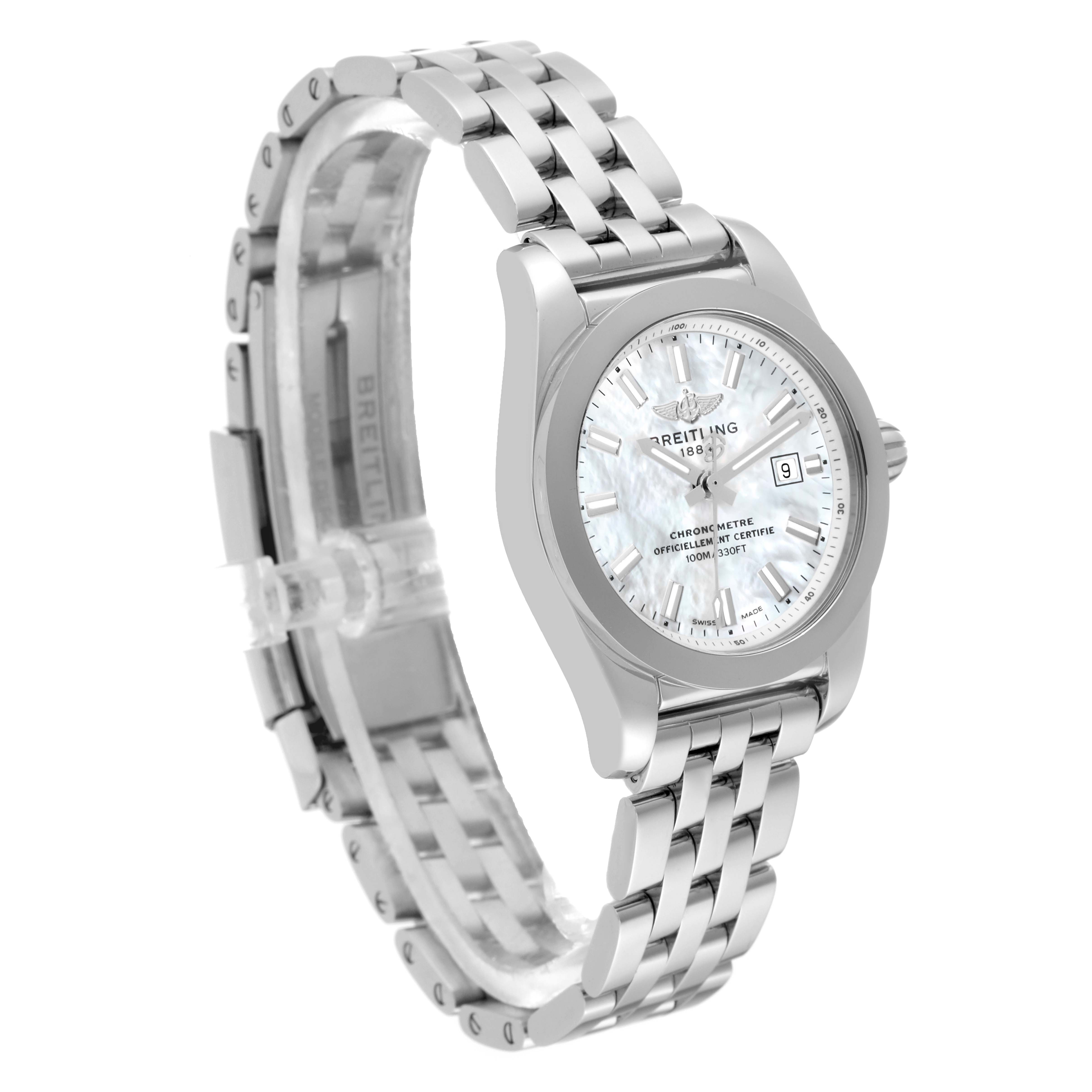 The Breitling W7234812/A784 Women's Stainless Steel Mother of Pearl Dial W7234812/A784 Women's Stainless Steel Mother of Pearl Dial Galactic 29 Mother of Pearl Dial Steel Ladies Watch W72348 is shown at a three-quarter angle, displaying its dial, bezel, and bracelet.