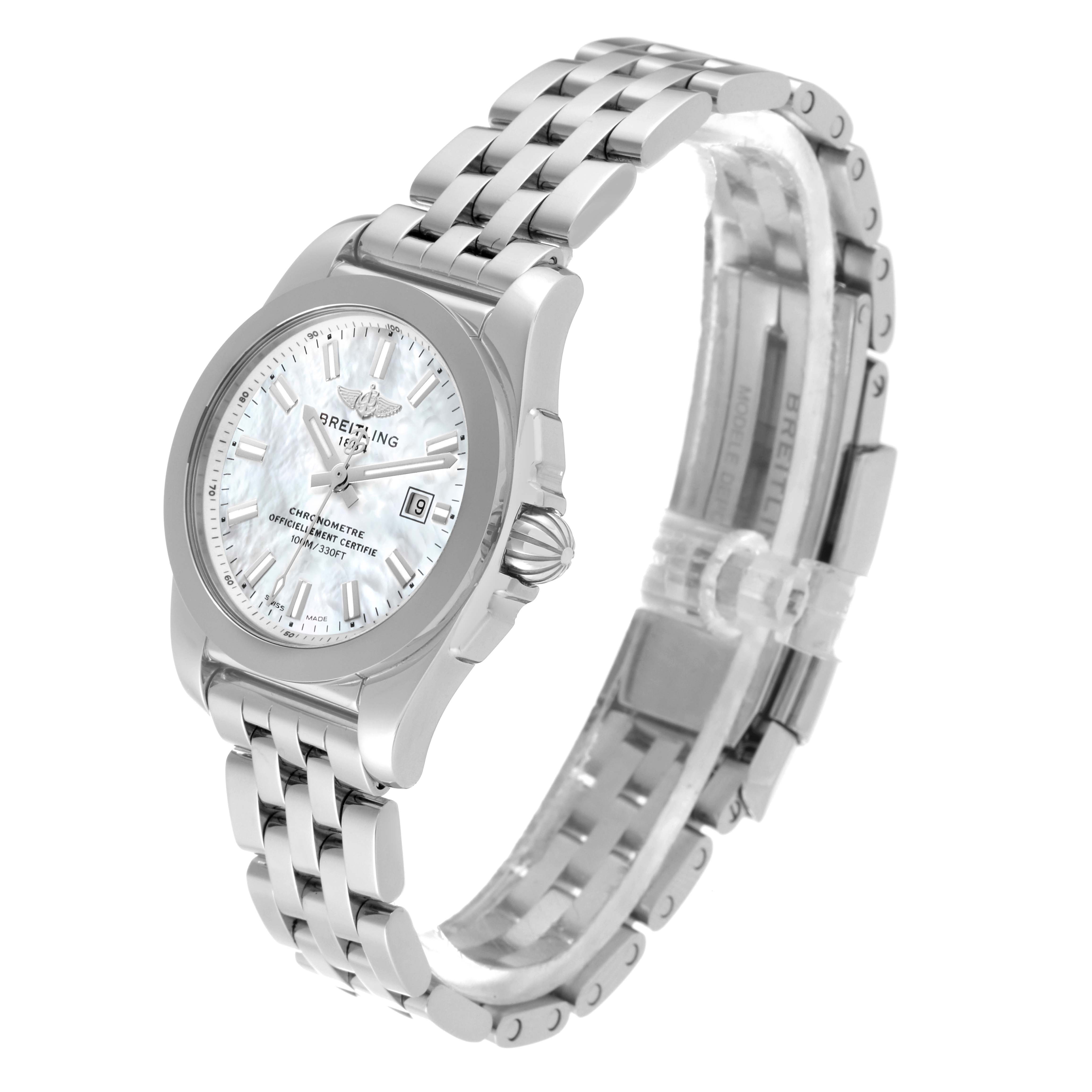 The Breitling W7234812/A784 Women's Stainless Steel Mother of Pearl Dial W7234812/A784 Women's Stainless Steel Mother of Pearl Dial Galactic 29 Mother of Pearl Dial Steel Ladies Watch W72348 is shown at a three-quarter angle, highlighting the dial, bracelet, and clasp.