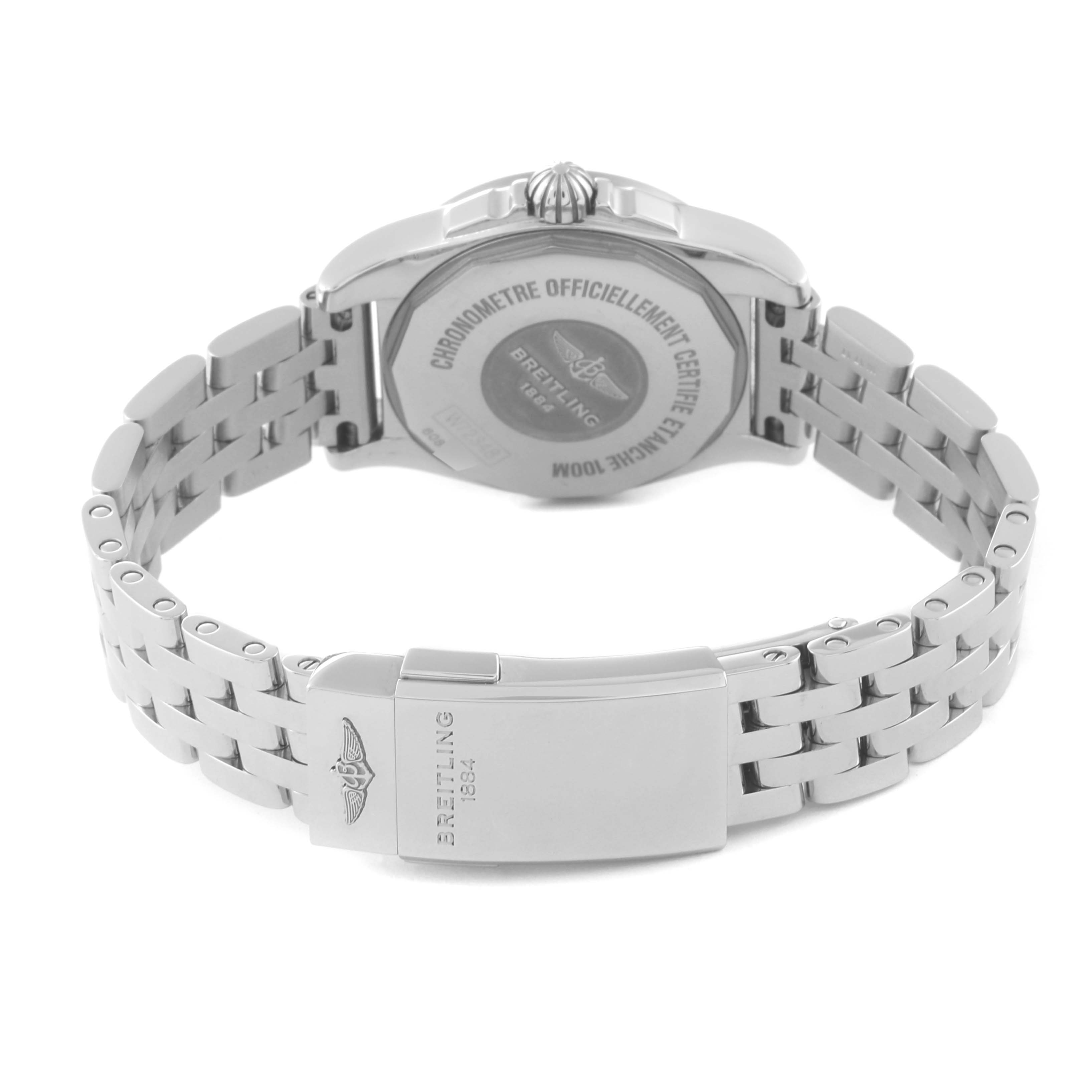 The image shows the back and clasp of the Breitling W7234812/A784 Women's Stainless Steel Mother of Pearl Dial W7234812/A784 Women's Stainless Steel Mother of Pearl Dial Galactic 29 Mother of Pearl Dial Steel Ladies Watch W72348.