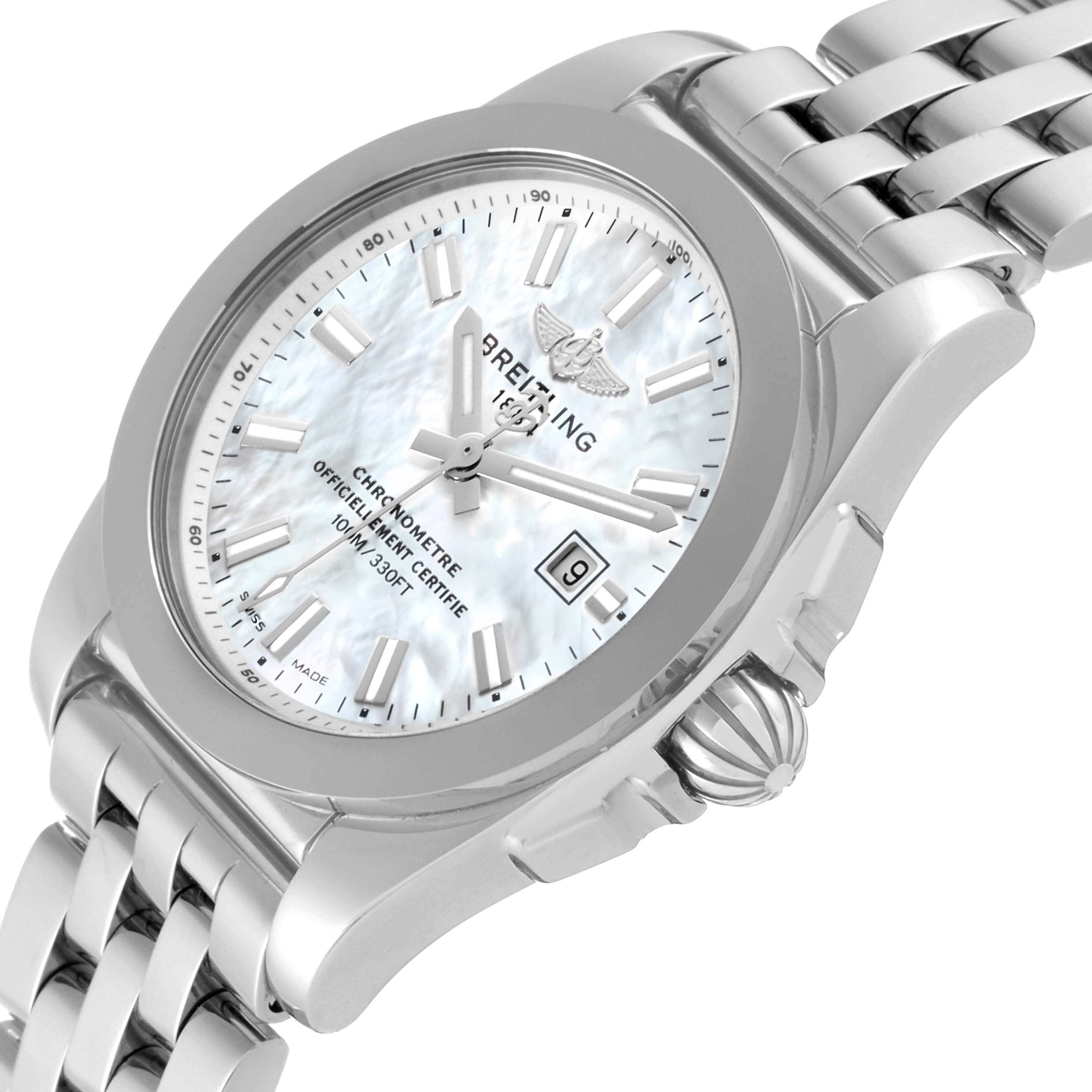 The image shows a close-up angled view of the Breitling W7234812/A784 Women's Stainless Steel Mother of Pearl Dial W7234812/A784 Women's Stainless Steel Mother of Pearl Dial Galactic 29 Mother of Pearl Dial Steel Ladies Watch W72348, highlighting its dial and bracelet.