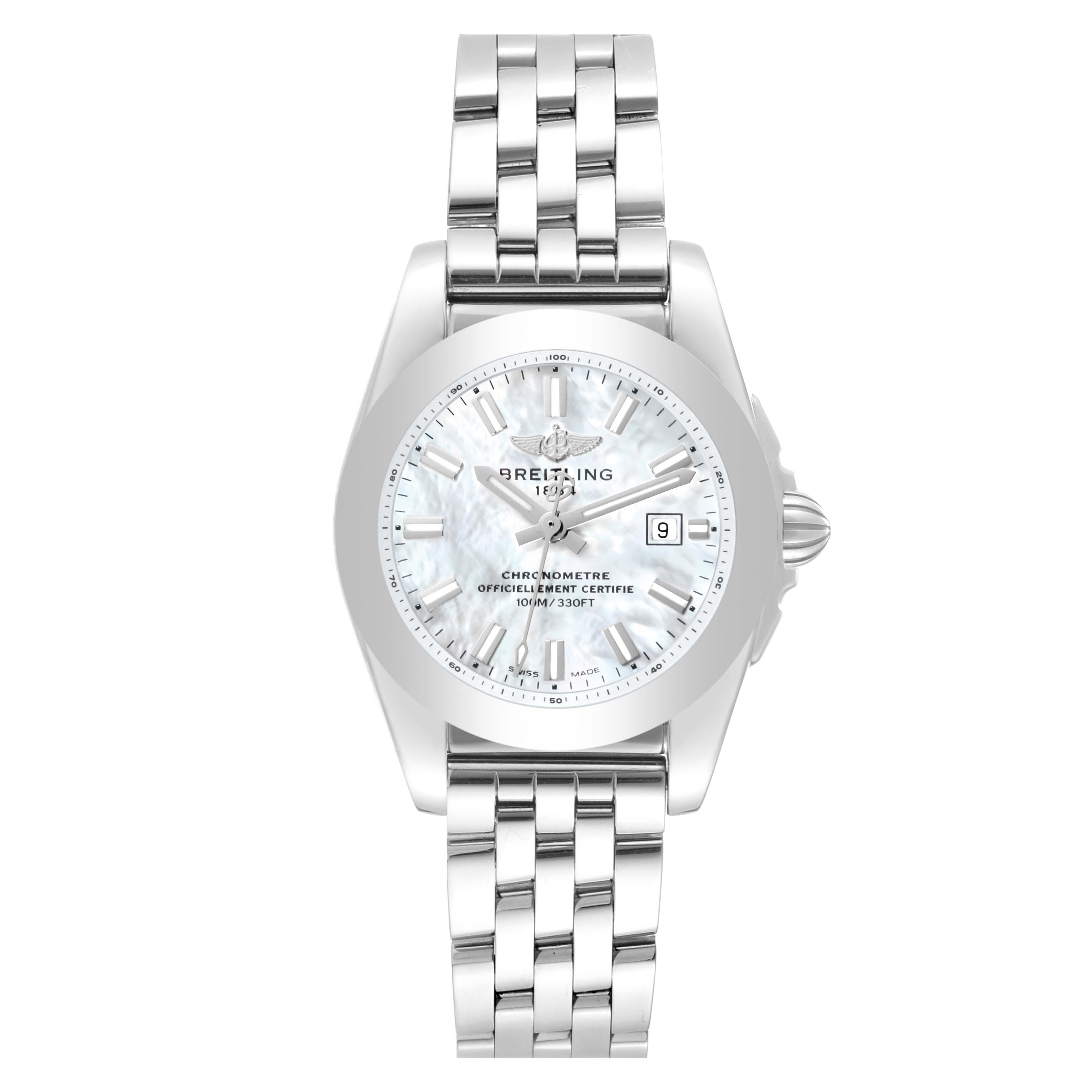 This image shows the Breitling W7234812/A784 Women's Stainless Steel Mother of Pearl Dial W7234812/A784 Women's Stainless Steel Mother of Pearl Dial Galactic 29 Mother of Pearl Dial Steel Ladies Watch W72348 from a frontal angle.