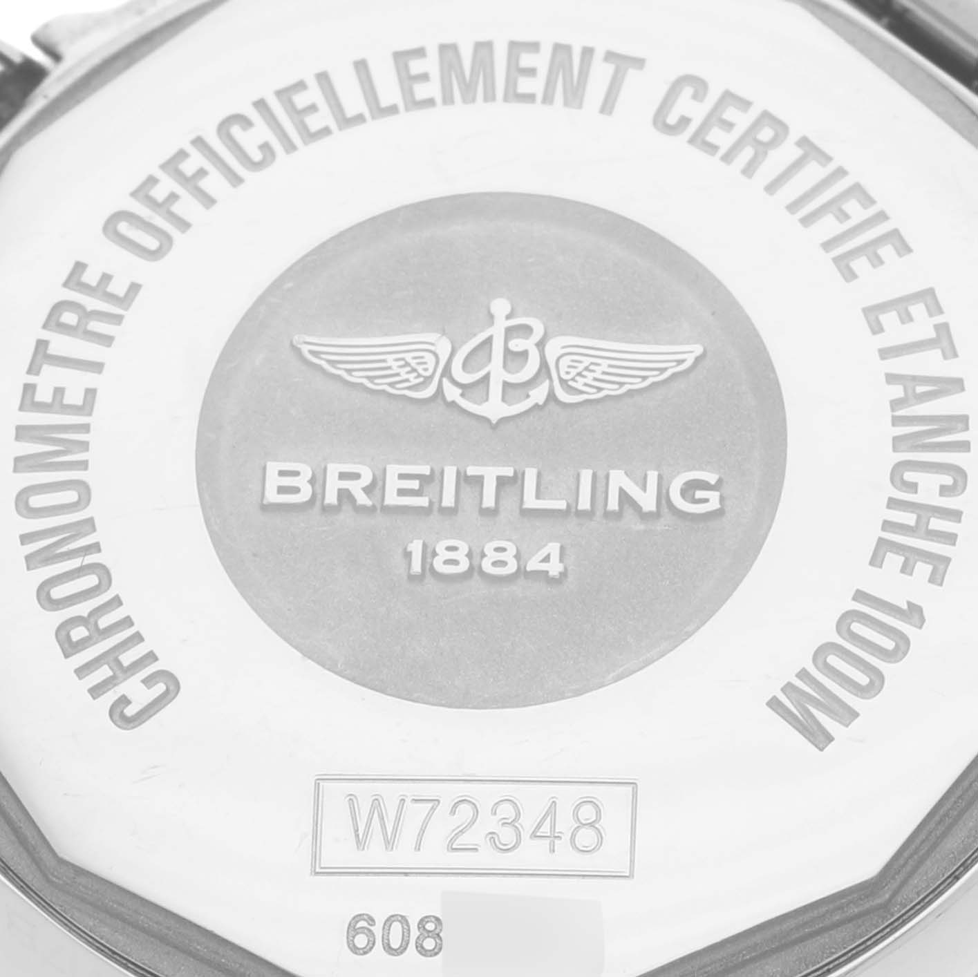 This is the back casing of the Breitling W7234812/A784 Women's Stainless Steel Mother of Pearl Dial W7234812/A784 Women's Stainless Steel Mother of Pearl Dial Galactic 29 Mother of Pearl Dial Steel Ladies Watch W72348, showing the brand engraving and model number.