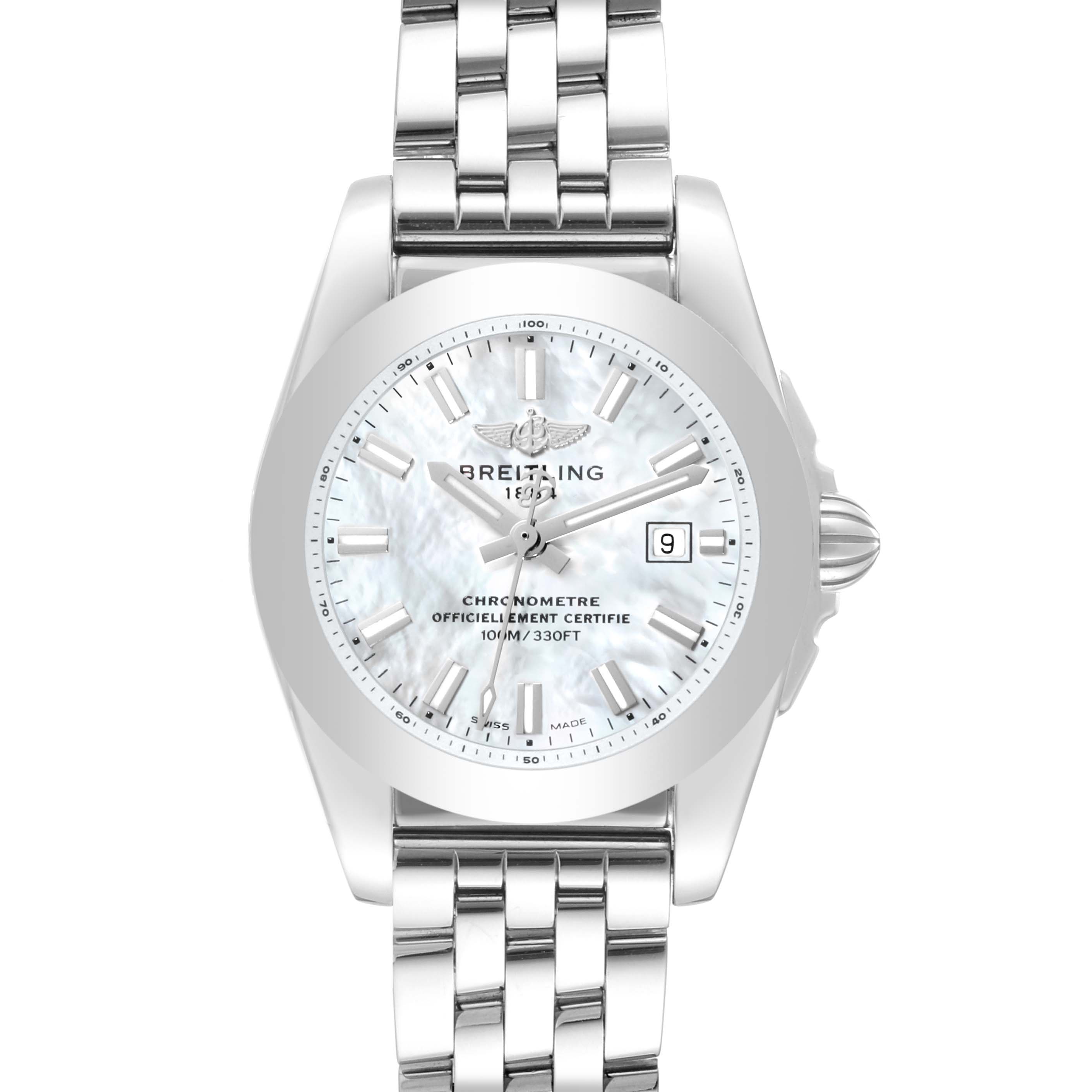 The Breitling W7234812/A784 Women's Stainless Steel Mother of Pearl Dial W7234812/A784 Women's Stainless Steel Mother of Pearl Dial Galactic 29 Mother of Pearl Dial Steel Ladies Watch W72348 is shown from a front angle, displaying the dial, hands, bracelet, and crown.