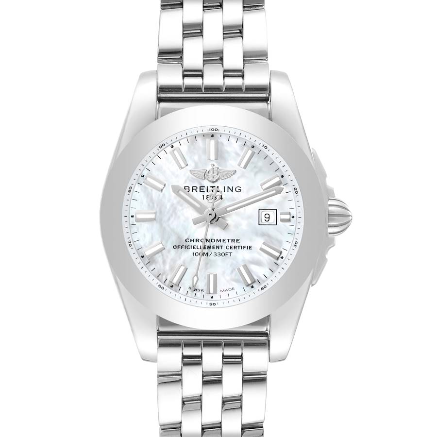 The Breitling W7234812/A784 Women's Stainless Steel Mother of Pearl Dial W7234812/A784 Women's Stainless Steel Mother of Pearl Dial Galactic 29 Mother of Pearl Dial Steel Ladies Watch W72348 is shown from a front angle, displaying the dial, hands, bracelet, and crown.