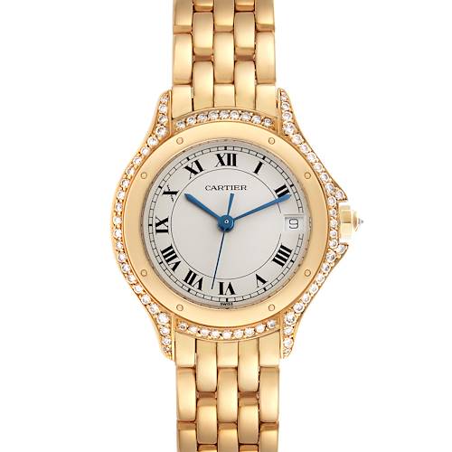The Cartier Panthere WF8002B9 Women's Yellow Gold Silver Dial WF8002B9 Women's Yellow Gold Silver Dial watch is shown from a top-down angle, highlighting its gold bracelet, diamond bezel, and Roman numeral dial.