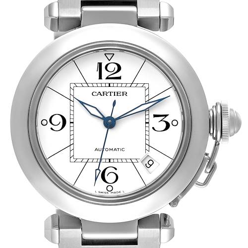 The image shows a front view of the Cartier Pasha W31074M7 Men's Stainless Steel White Dial W31074M7 Men's Stainless Steel White Dial watch, highlighting its dial, hands, crown, and part of the bracelet.