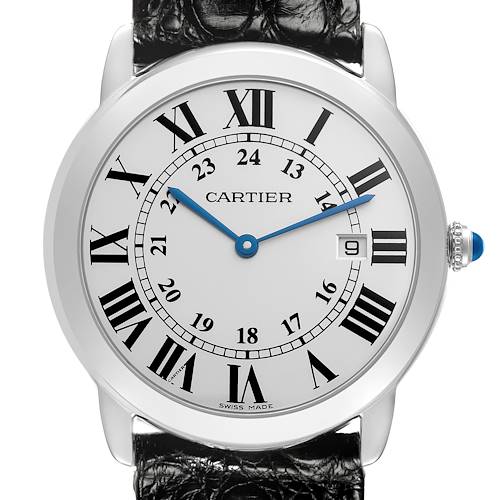 The Cartier Ronde W6700255 Men's Stainless Steel Silver Dial W6700255 Men's Stainless Steel Silver Dial watch is shown from a front angle, displaying its dial, Roman numerals, blued hands, and a date window at 3 o'clock.