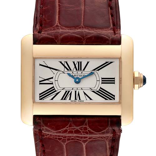 Front view of the Cartier Tank Divan W6300356 Women's Yellow Gold Silver Dial W6300356 Women's Yellow Gold Silver Dial watch showing the dial, case, crown, and leather strap.